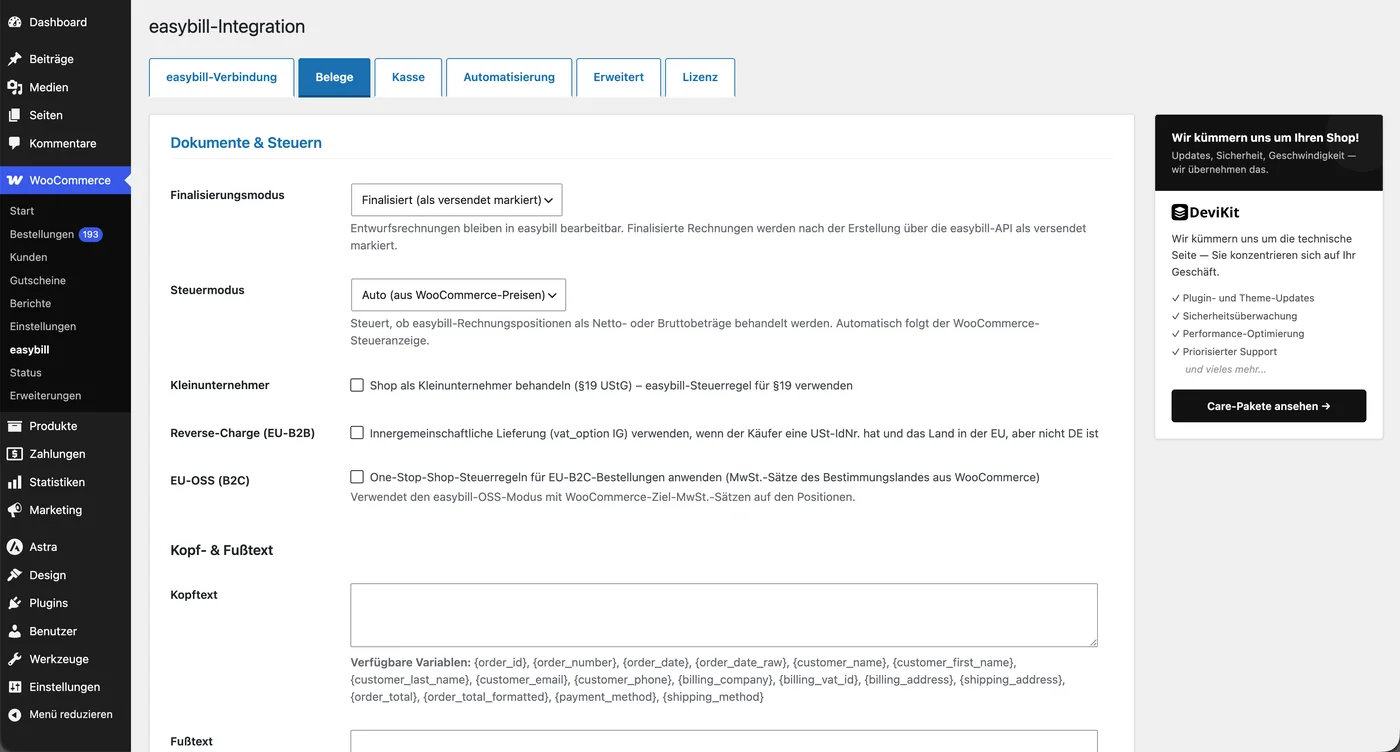 Tab Belege: Finalisierungsmodus, Steuermodus, Kleinunternehmer, Reverse Charge für EU-B2B und EU-OSS für B2C sowie Kopftext und Fußtext