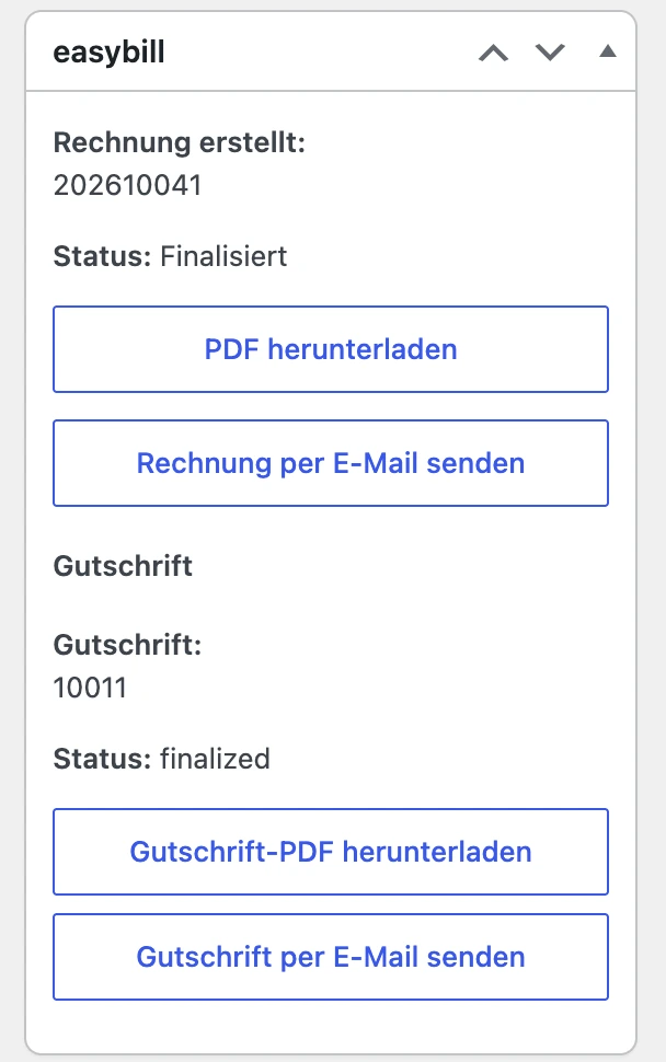 Bereich easybill in der Bestellung mit Beleg: Rechnungsnummer, Status, PDF herunterladen, Rechnung per E-Mail senden und Gutschrift
