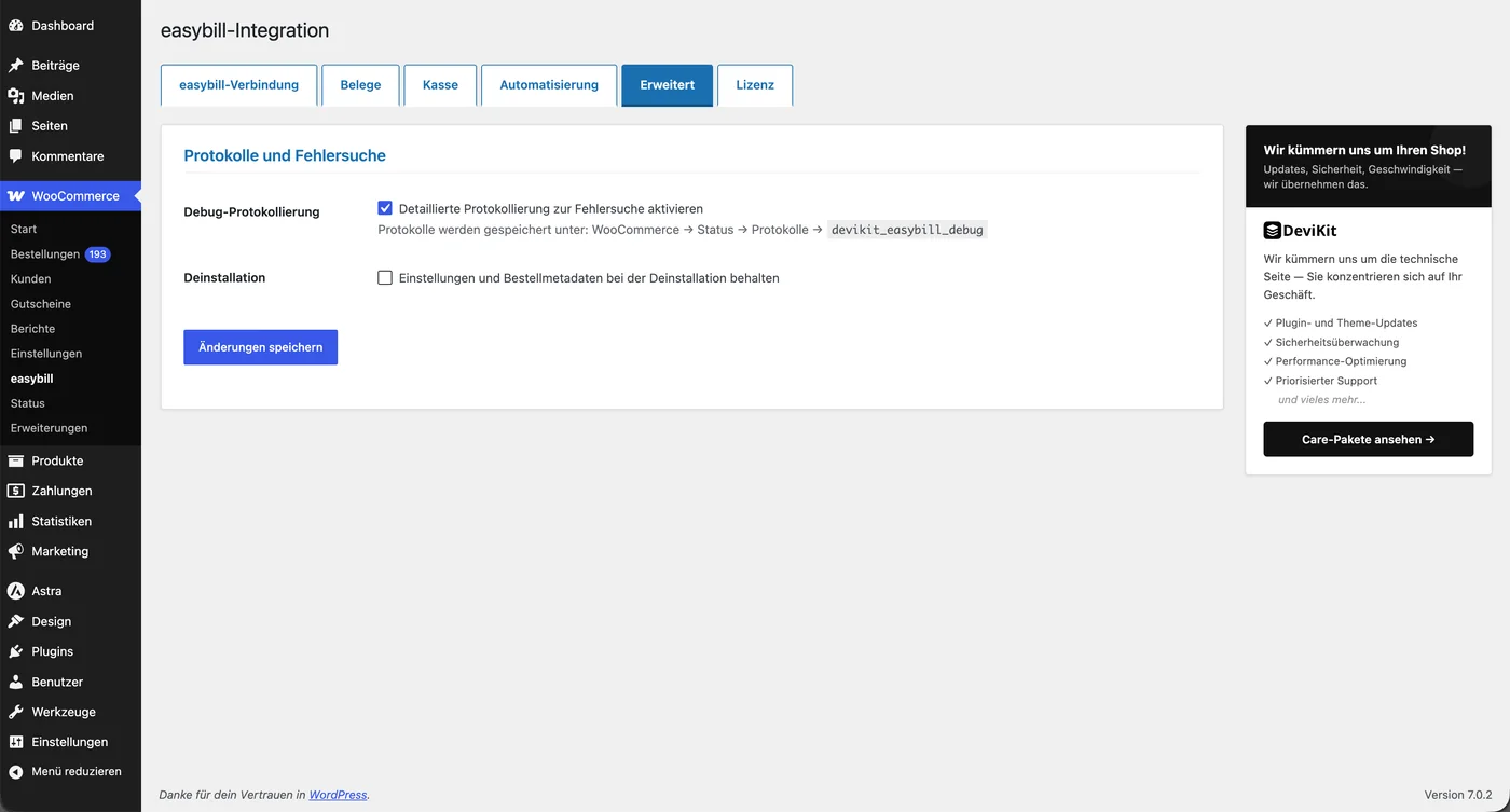 Tab Erweitert: Debug-Protokollierung und Einstellung für die Deinstallation